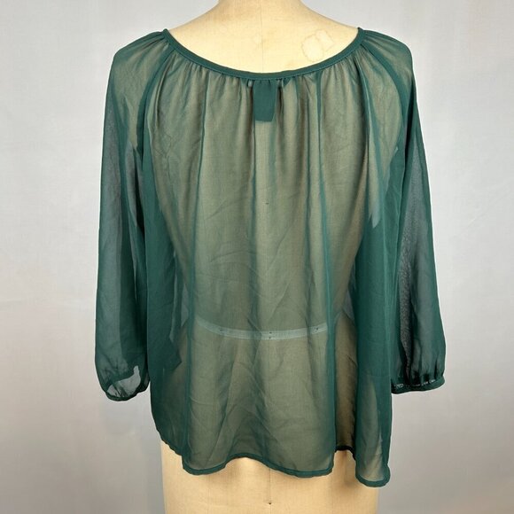 H&M Emory Green Light Weight Sheer Button Front Long Sleeve Blouse Top Size 2 - Picture 3 of 9